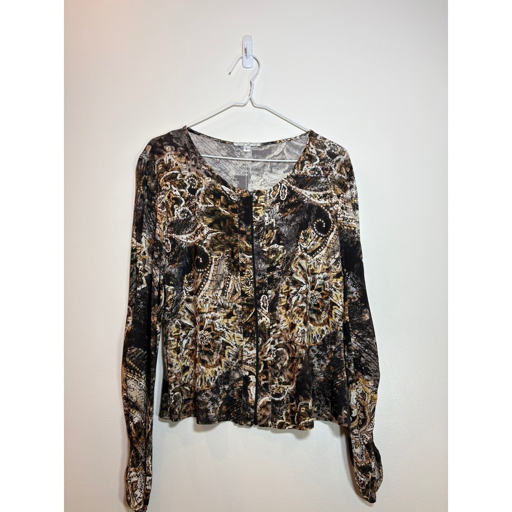 Alberto Makali Y2K Women's Large Brown Gold Baroque Paisley Mesh Zip-Up Top USA